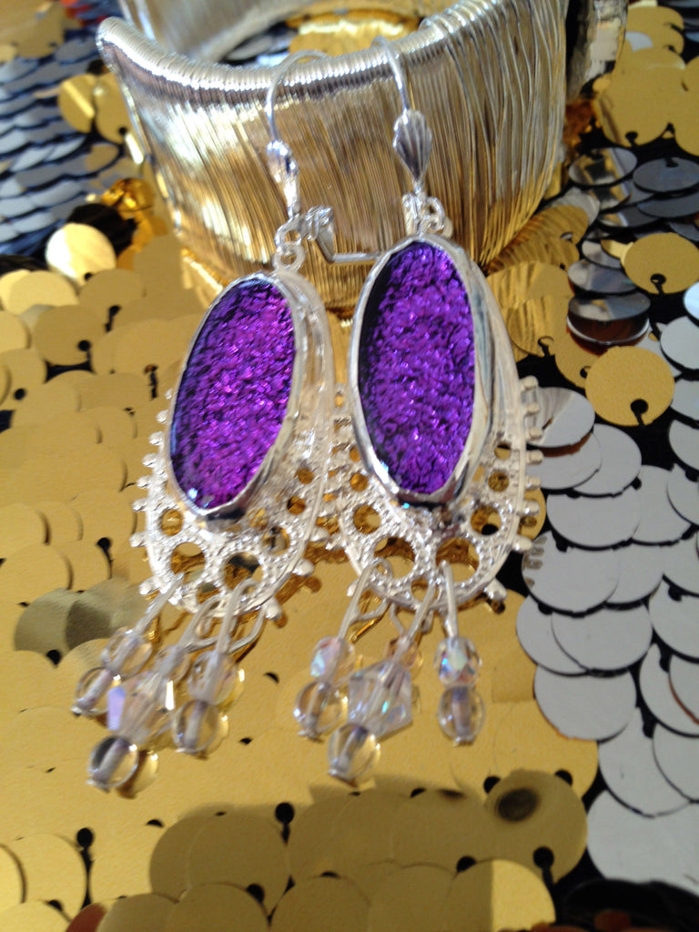 Purple Dichroic Glass Dangle Earrings