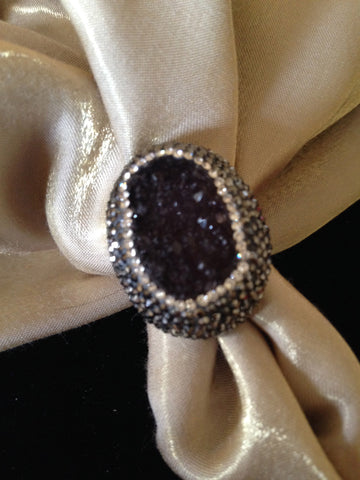 Deep Amethyst Ring with Hematite and Clear Swarovski Crystals