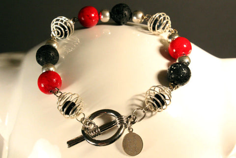 Spiral Lava and Red Stone Bracelet With Matching Earrings