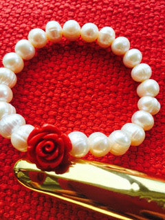 Hand Carved Alabaster Rose and River Pearl Bracelet